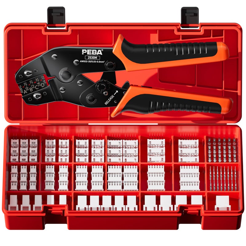 PEBA Crimping Tool and JST Connector Kit - 18 Types of 2.5 mm JST-XH Connectors & Crimp Pins, 2/3/4/5/6/7-pin JST Housings and Contacts, for DIY Electronics - Suitable for AWG 32-20 Wires - Image 1
